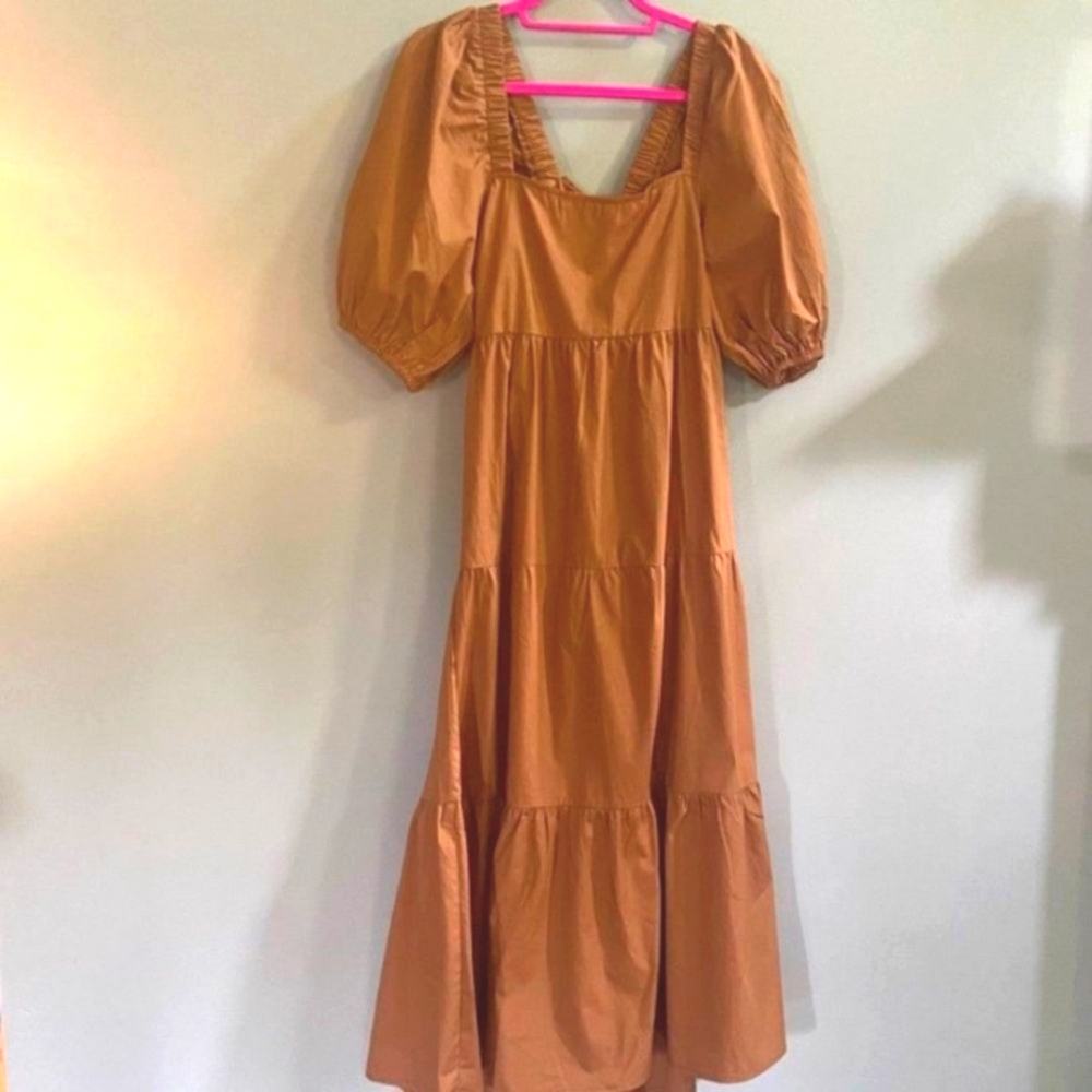 MINKPINK Yasamin Tiered Midi Dress Caramel Puff Sleeves Square Neck NWT Sz SM